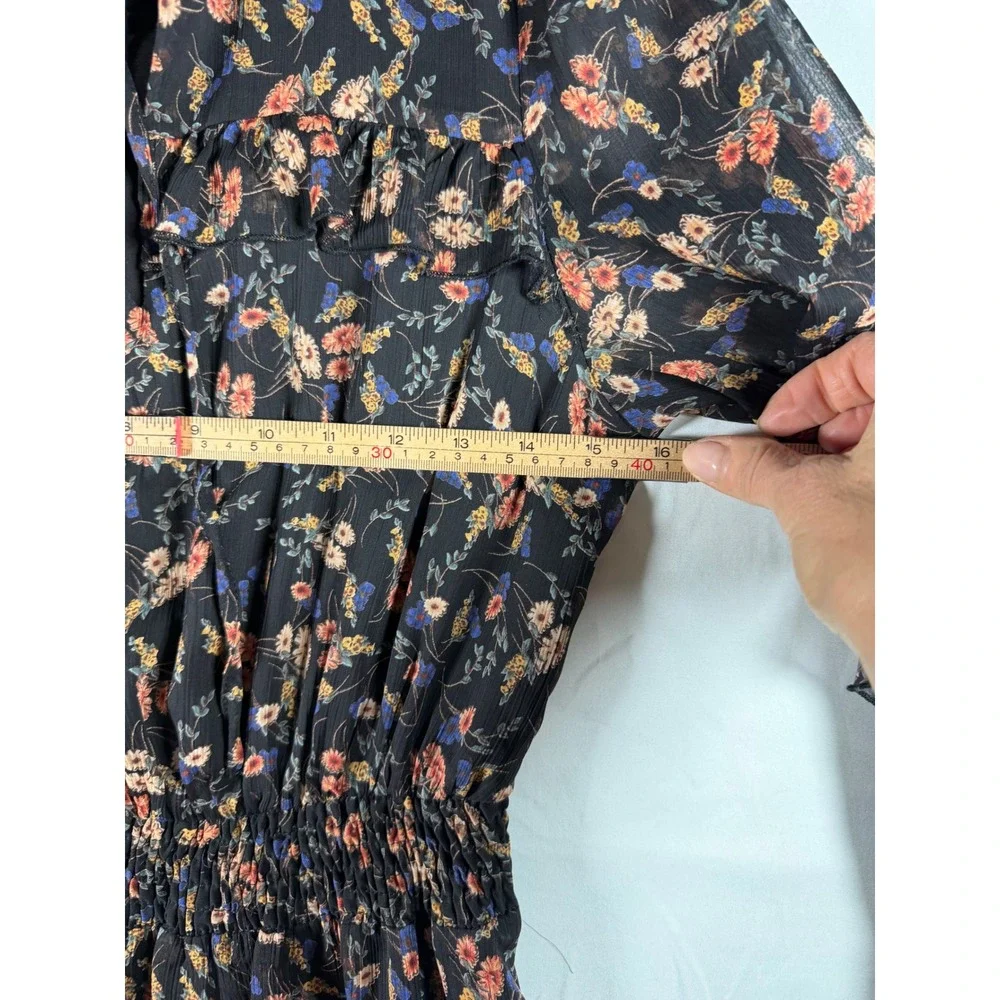 Dress Forum Floral Midi Dress Black Pink Blue Smocked Waist Ruffle sz S wedding‎
